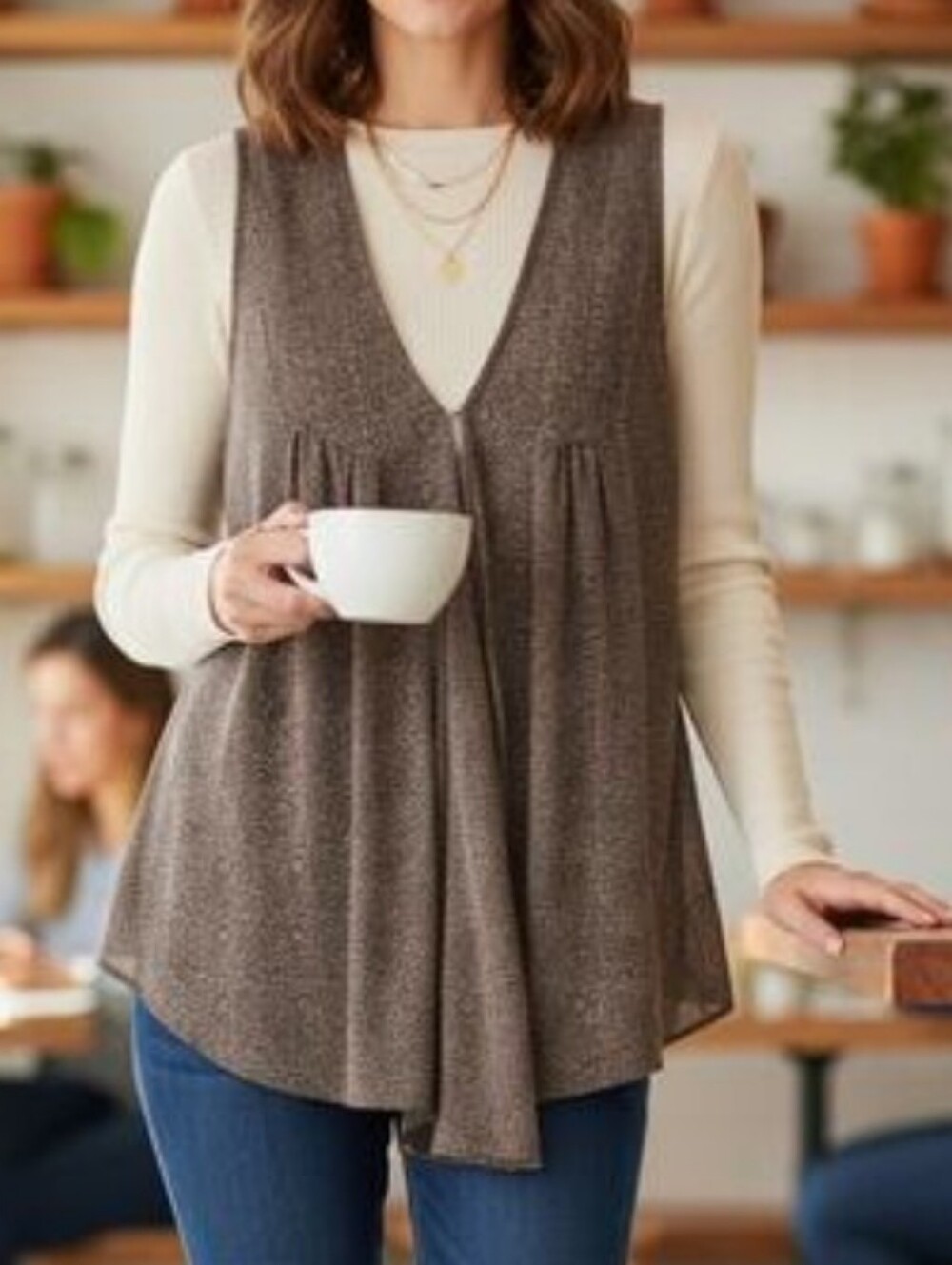 Cabi Women Medium Gray Polka Dots Flowy Lagenlook Chiffon Overlay Vest